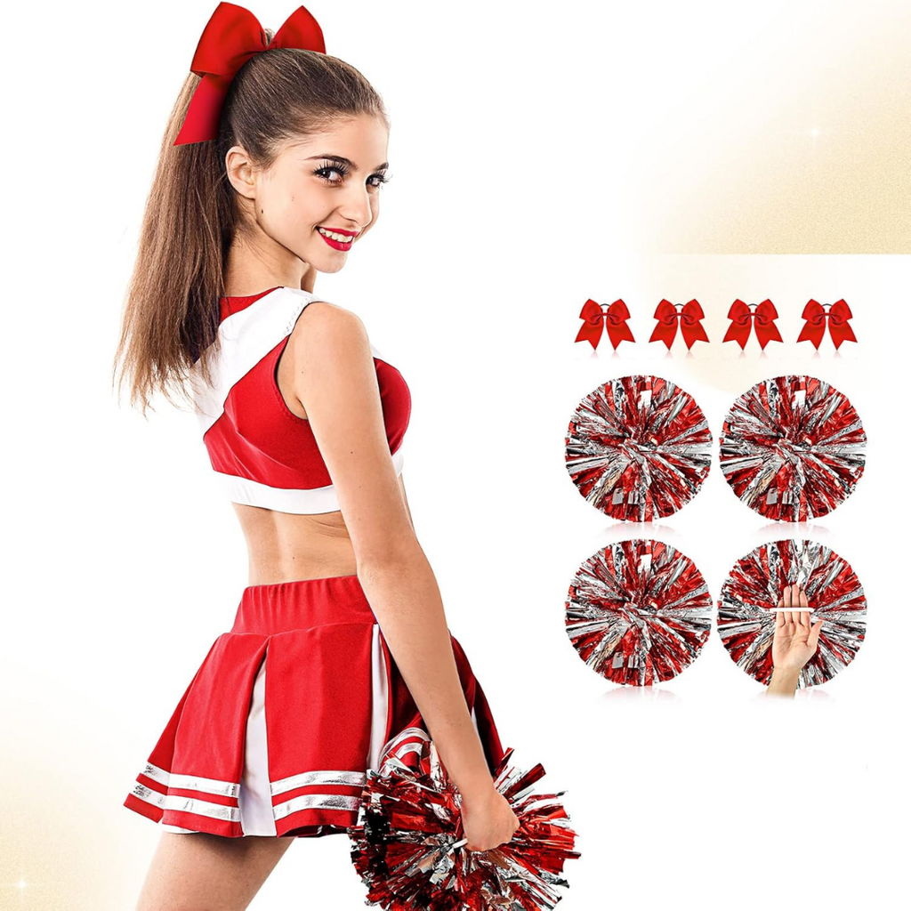 Jaxine 8 Pcs Metallic Cheerleading Pom Pom Set with Hair Bows | Red