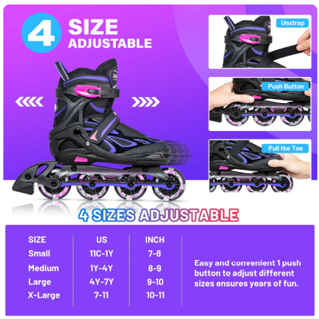2PM Sports Vinal Kids Adjustable Inline Skates, Sizes 1-4