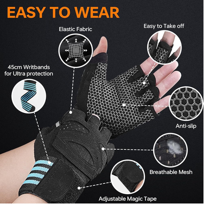 Phasz Ventilated Weight Lifting Gloves with Wrist Support | XXL | Black | 1 Pair