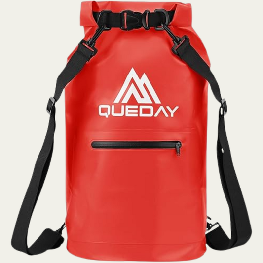 Queday Waterproof Roll Top Dry Bag | 20 Liter | Red | Zippered Front Pocket