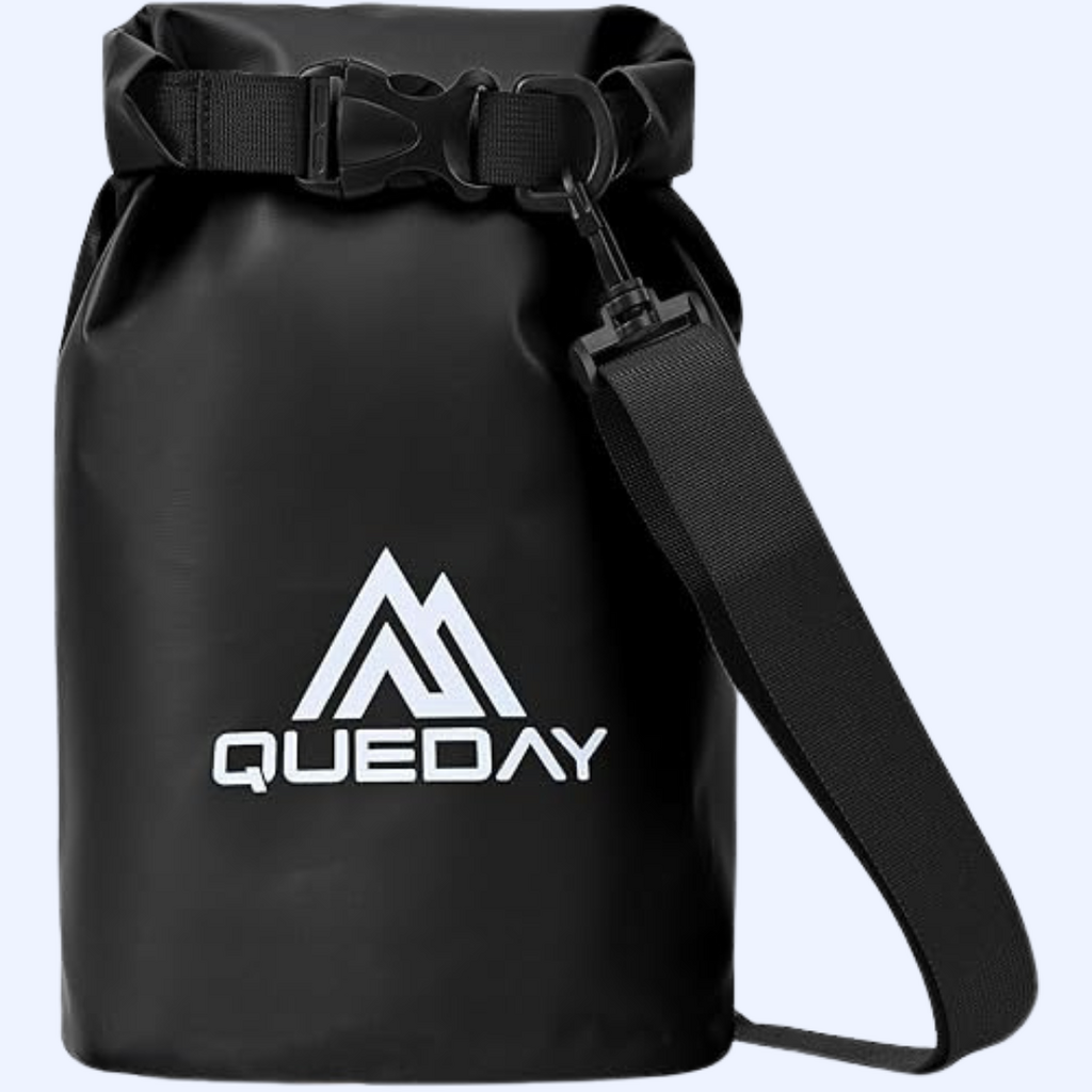 Queday Waterproof Roll Top Dry Bag | 10 Liter | Black | Zippered Front Pocket