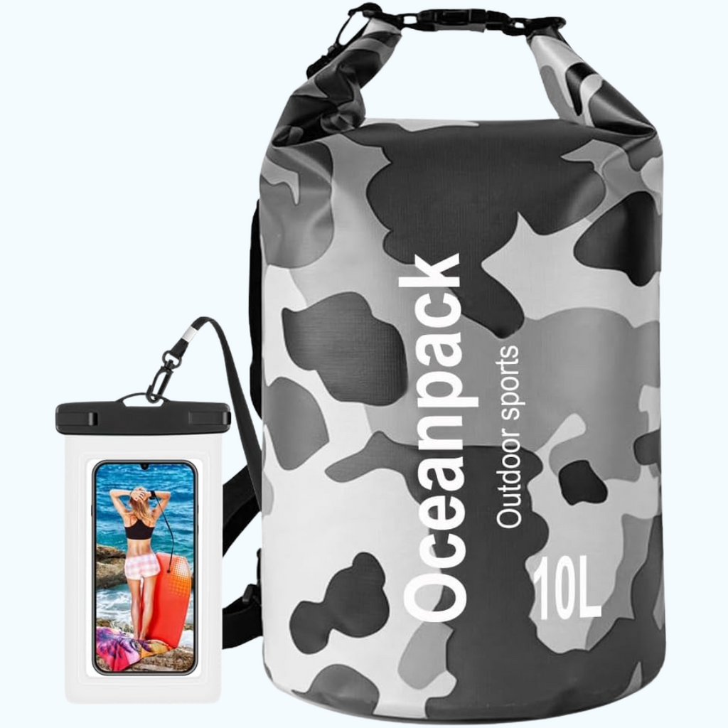 Cekikibi 10L Waterproof Dry Bag w/ Phone Case | Black & White Camo | 10 Liter