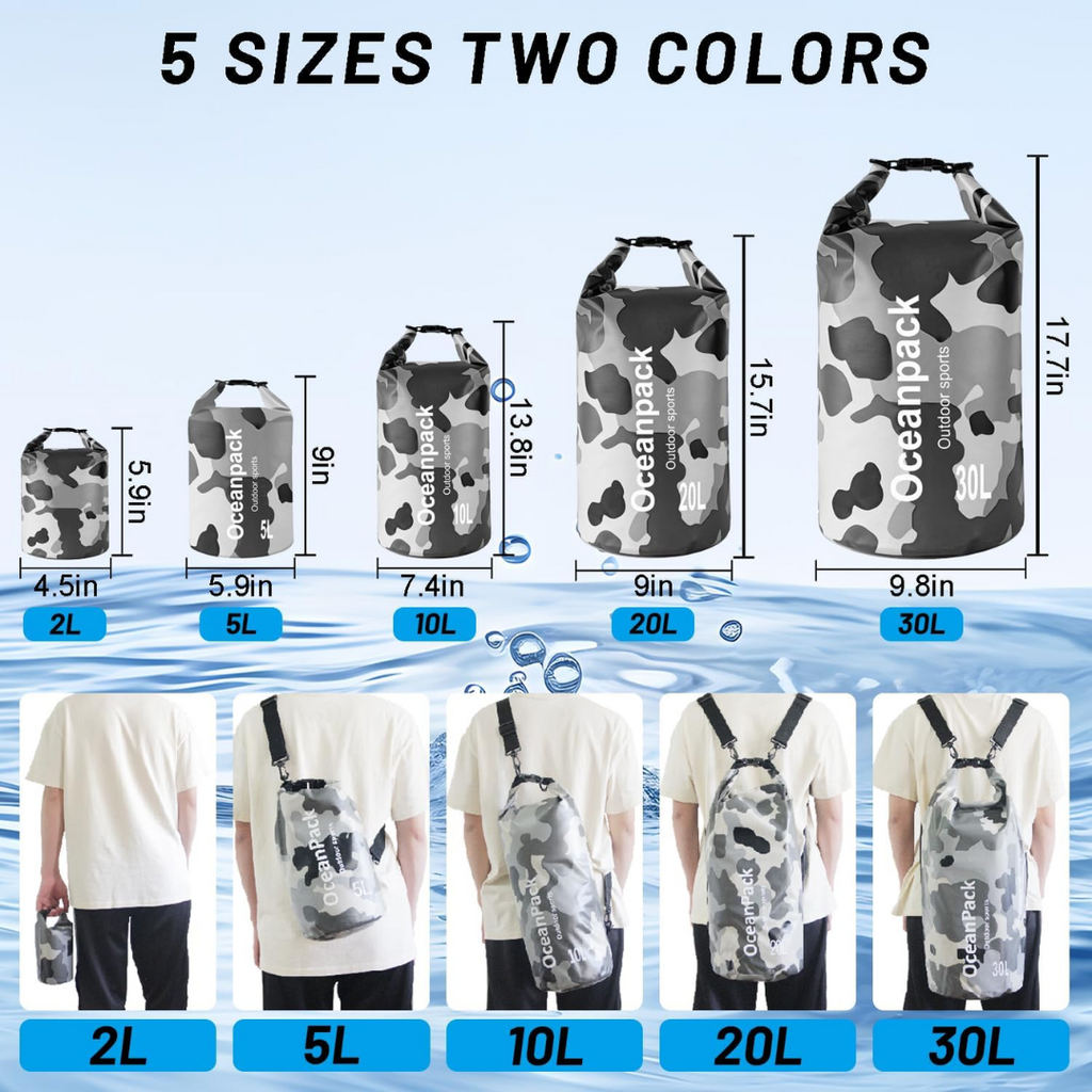 Cekikibi 10L Waterproof Dry Bag w/ Phone Case | Black & White Camo | 10 Liter