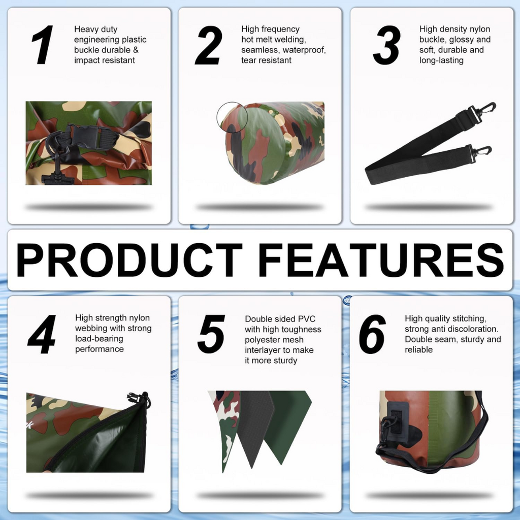 Cekikibi 10L Waterproof Dry Bag w/ Phone Case | Black & White Camo | 10 Liter