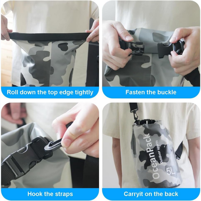 Cekikibi 10L Waterproof Dry Bag w/ Phone Case | Black & White Camo | 10 Liter