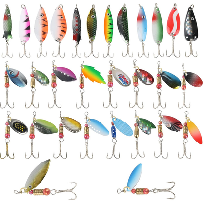 MOUHIKE 30pcs Metal Spinner Bait Fishing Lure Set with Tacklebox | Assorted Colors