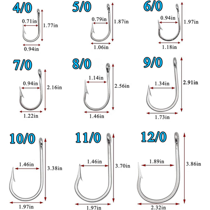 Stainless Steel Fishing Hooks 8 Pack | 12/0 | Big Game Saltwater Forged