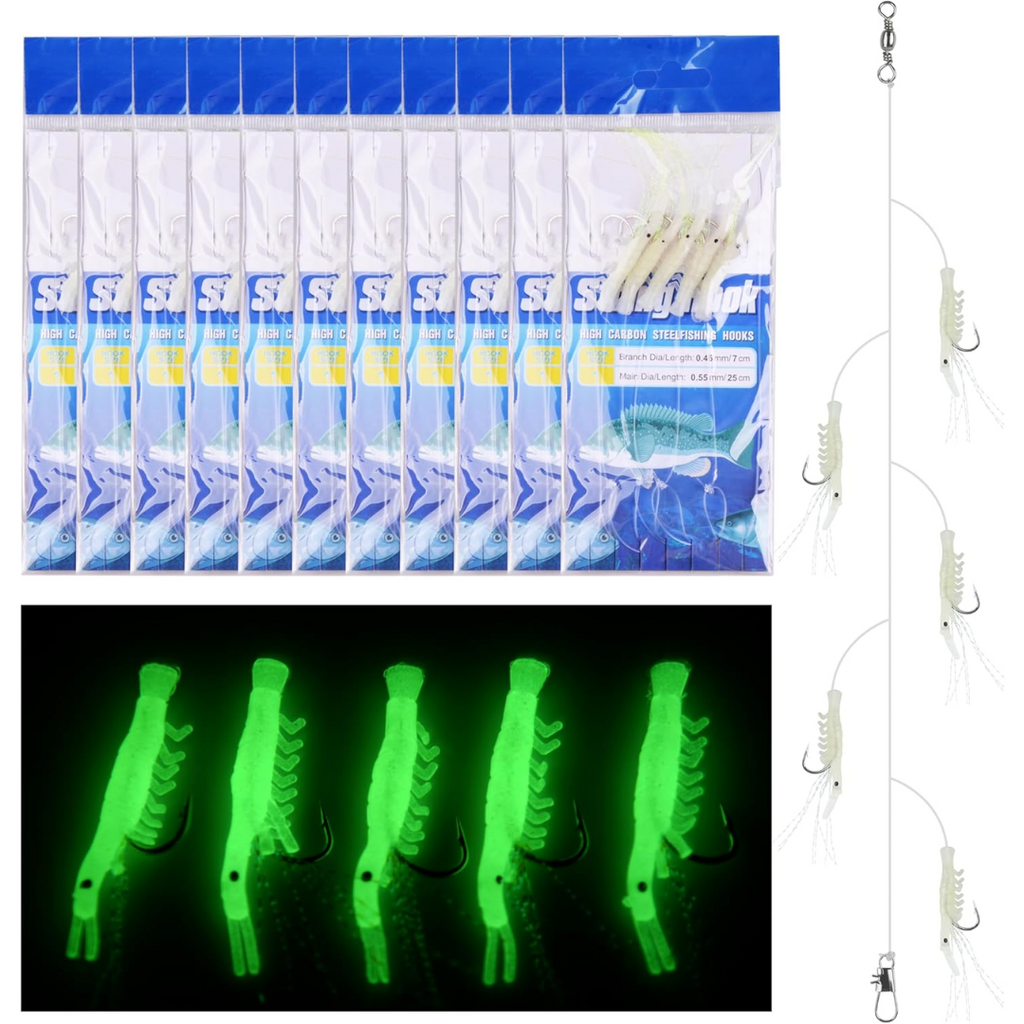 Soft Shrimp Fishing Bait Jigs | 10 Pack | Glow in the Dark | Hook Size: #6