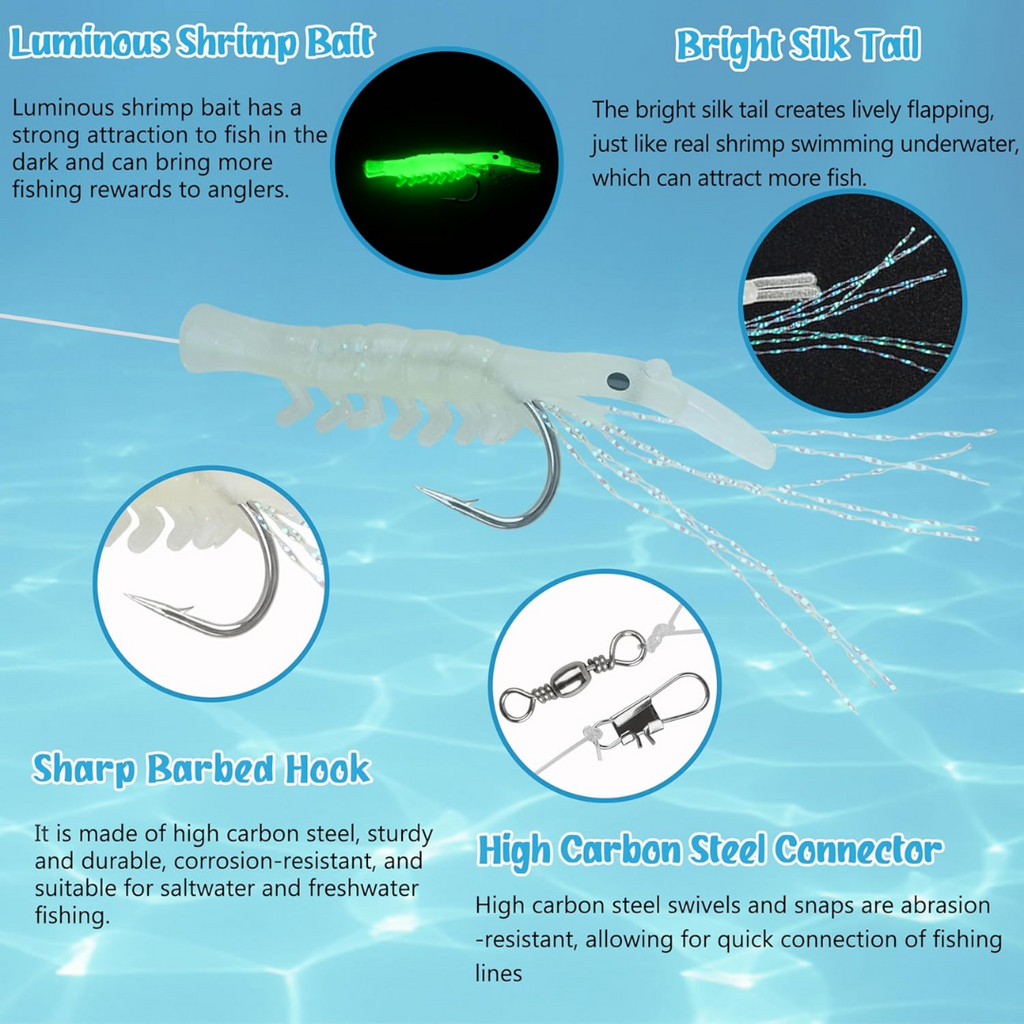 Soft Shrimp Fishing Bait Jigs | 10 Pack | Glow in the Dark | Hook Size: #6