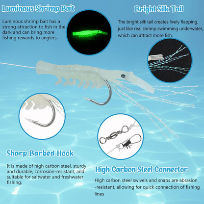 Soft Shrimp Fishing Bait Jigs | 10 Pack | Glow in the Dark | Hook Size: #6