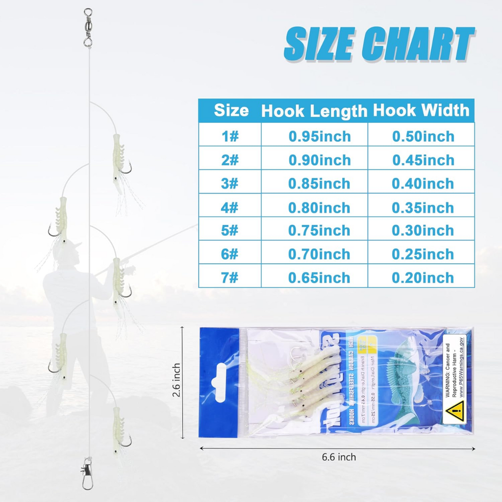 Soft Shrimp Fishing Bait Jigs | 10 Pack | Glow in the Dark | Hook Size: #6