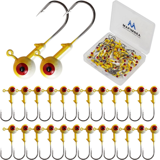 MAFIMOEA Fishing Jig Head Hook Set 20 Pack | 1/4oz (7g) | Gold/White | 3D Eyes | High Carbon Steel