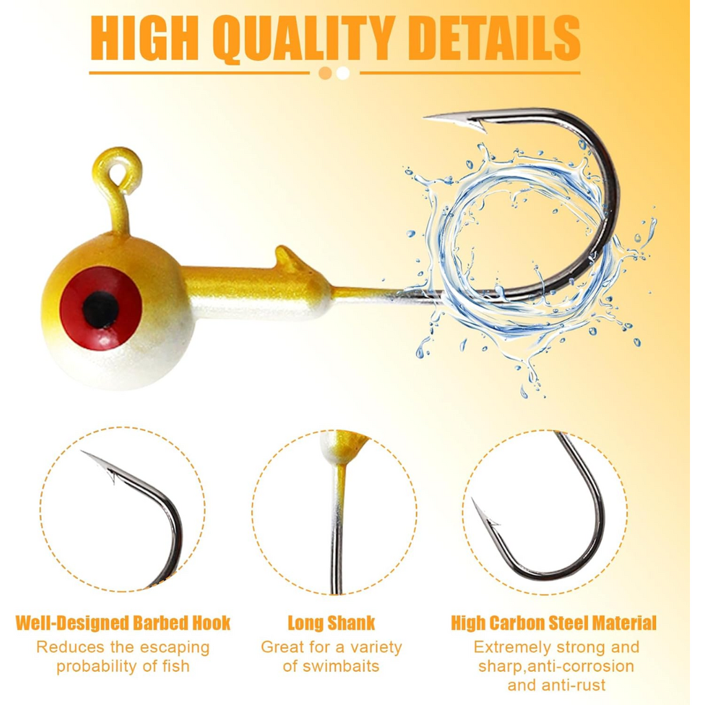 MAFIMOEA Fishing Jig Head Hook Set 20 Pack | 1/4oz (7g) | Gold/White | 3D Eyes | High Carbon Steel