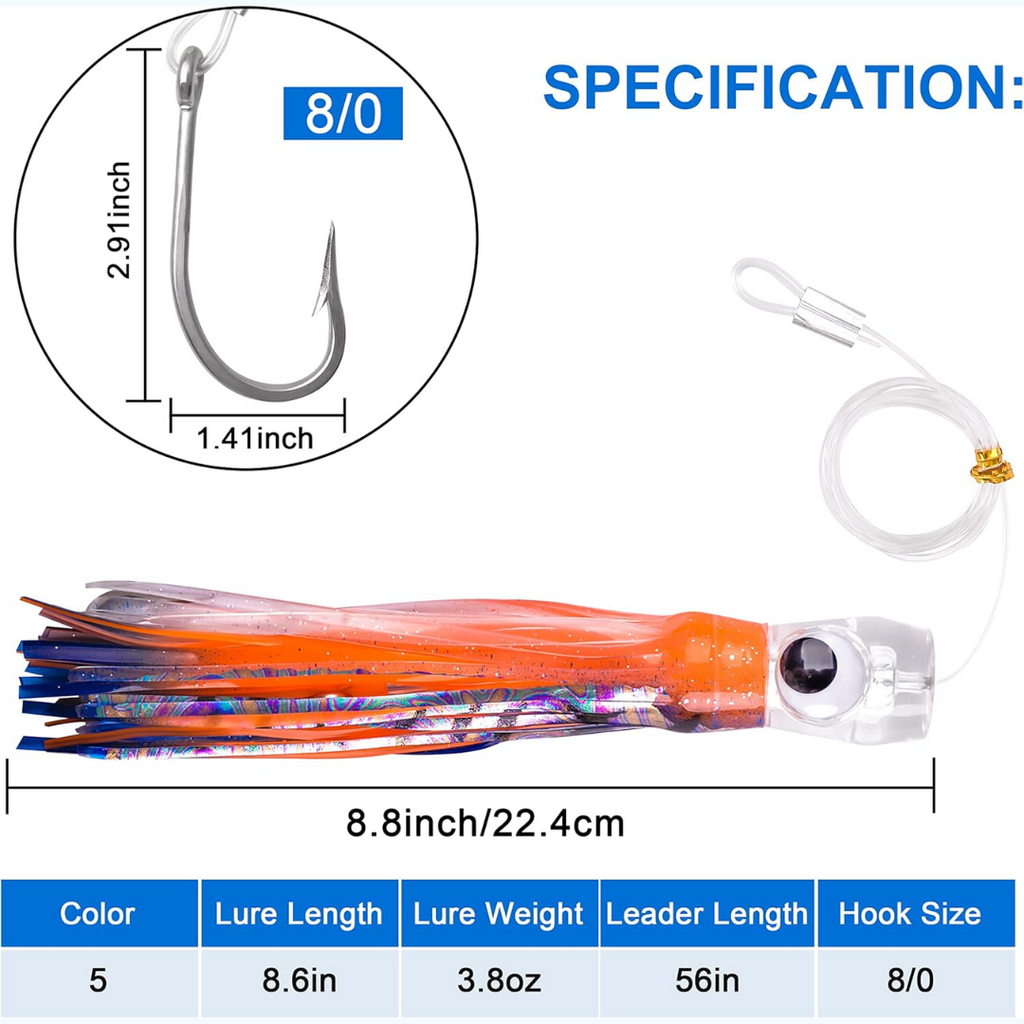 VATEICO Squid Trolling Lure | 5 Pack | 9 Inch | Multiple Colors | Stainless Steel