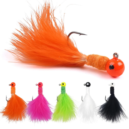 Marabou Crappie Feather Hair Jig Fishing Lure Set with Tacklebox | 1/16oz | 5 Colors | 30 Pieces