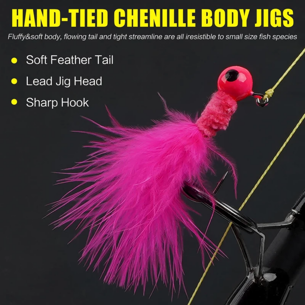 Marabou Crappie Feather Hair Jig Fishing Lure Set with Tacklebox | 1/16oz | 5 Colors | 30 Pieces