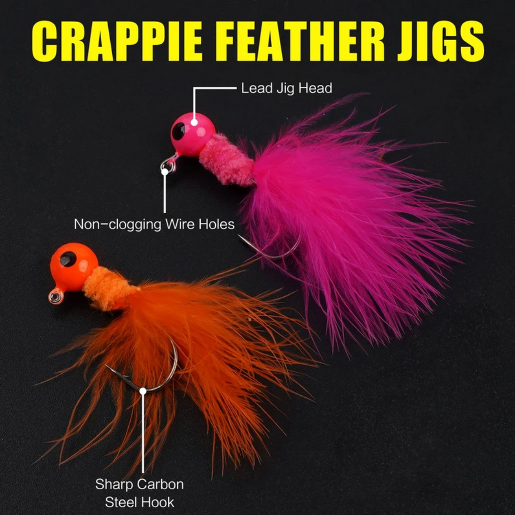 Marabou Crappie Feather Hair Jig Fishing Lure Set with Tacklebox | 1/16oz | 5 Colors | 30 Pieces