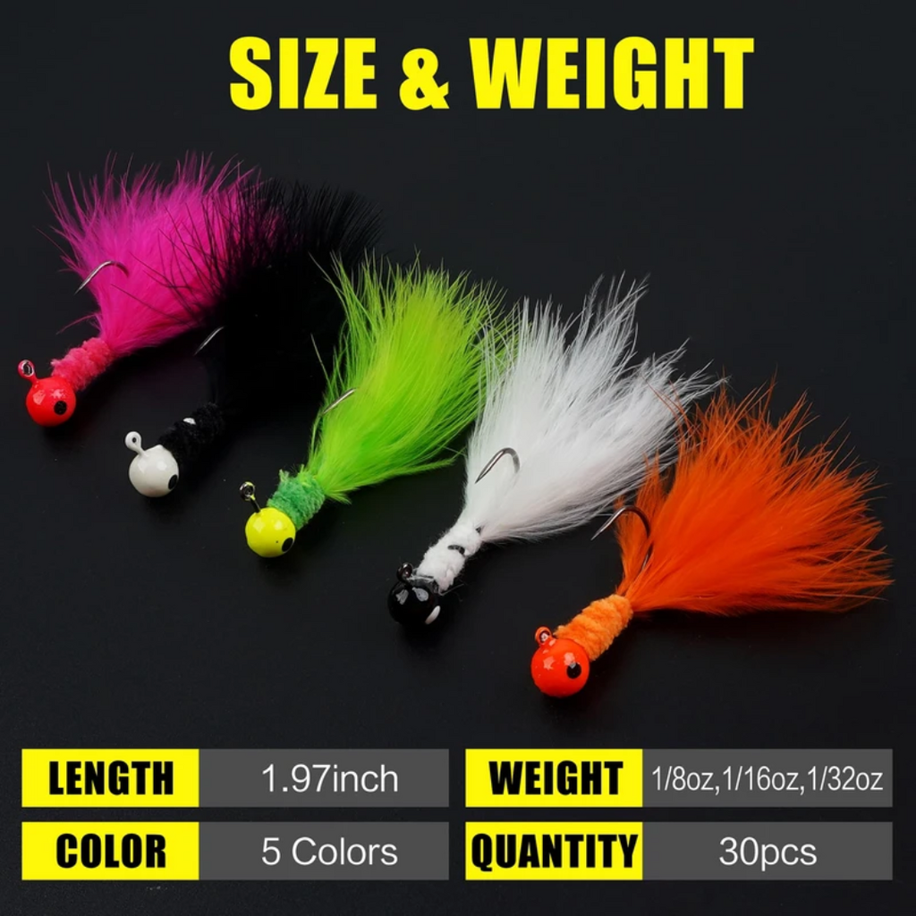 Marabou Crappie Feather Hair Jig Fishing Lure Set with Tacklebox | 1/16oz | 5 Colors | 30 Pieces