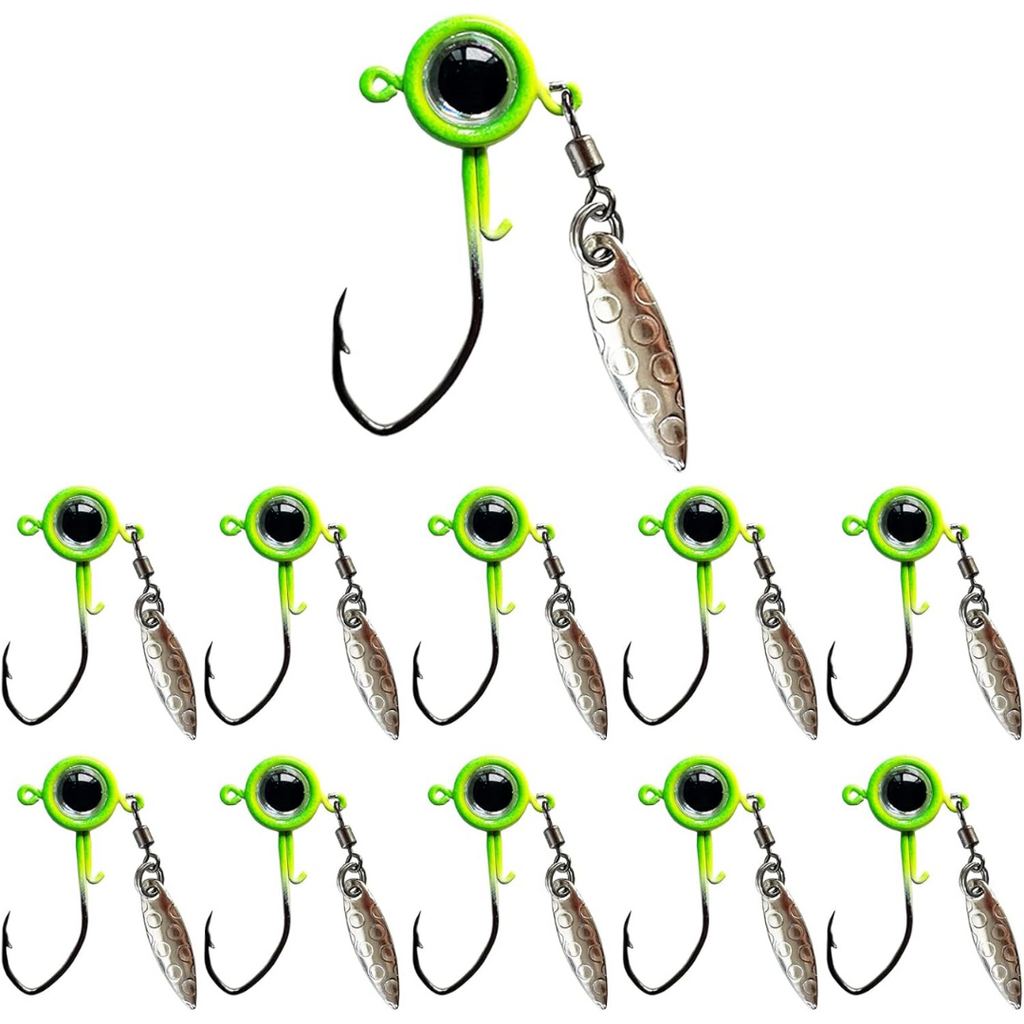 Fish Corner Crappie Jig Head Fishing Lure w/ 3D Eyes & Underspin Willow Blade | 1/32oz | 10 Pack | Green-Blue