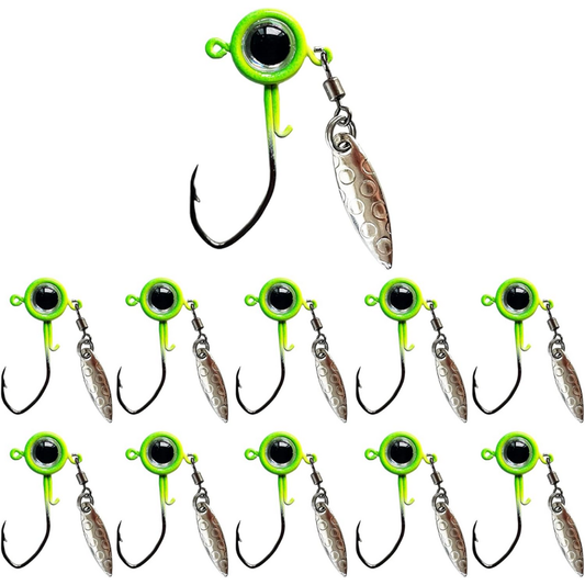 Fish Corner Crappie Jig Head Fishing Lure w/ 3D Eyes & Underspin Willow Blade | 1/32oz | 10 Pack | Green-Blue