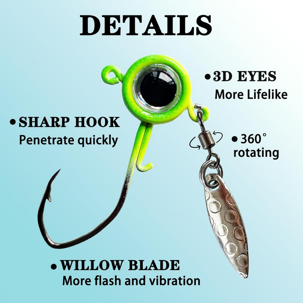 Fish Corner Crappie Jig Head Fishing Lure w/ 3D Eyes & Underspin Willow Blade | 1/32oz | 10 Pack | Green-Blue