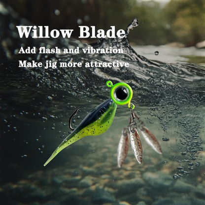Fish Corner Crappie Jig Head Fishing Lure w/ 3D Eyes & Underspin Willow Blade | 1/32oz | 10 Pack | Green-Blue