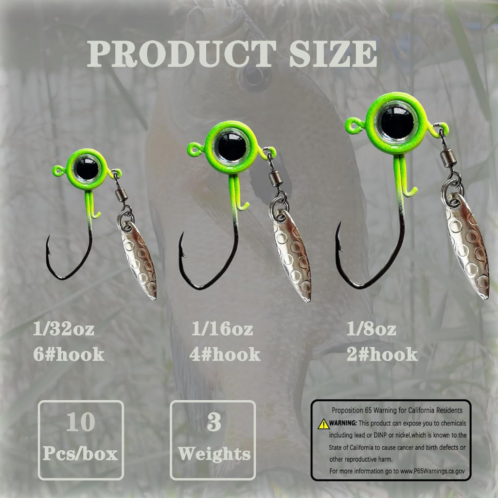 Fish Corner Crappie Jig Head Fishing Lure w/ 3D Eyes & Underspin Willow Blade | 1/16oz | 10 Pack | Green-Blue