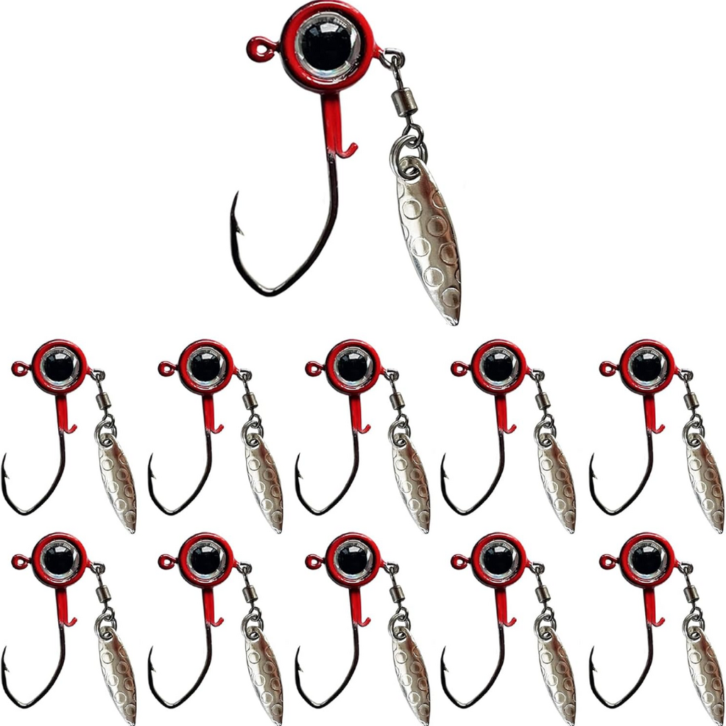 Fish Corner Crappie Jig Head Fishing Lure w/ 3D Eyes & Underspin Willow Blade | 1/16oz | 10 Pack | Black-Red