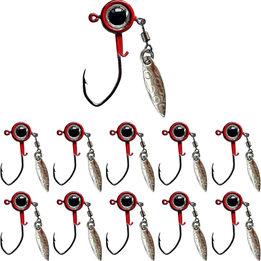 Fish Corner Crappie Jig Head Fishing Lure w/ 3D Eyes & Underspin Willow Blade | 1/16oz | 10 Pack | Black-Red