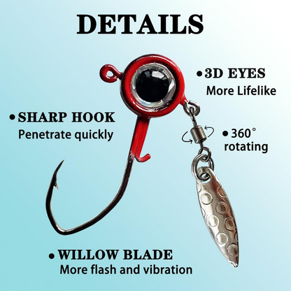 Fish Corner Crappie Jig Head Fishing Lure w/ 3D Eyes & Underspin Willow Blade | 1/8oz | 10 Pack | Black-Red