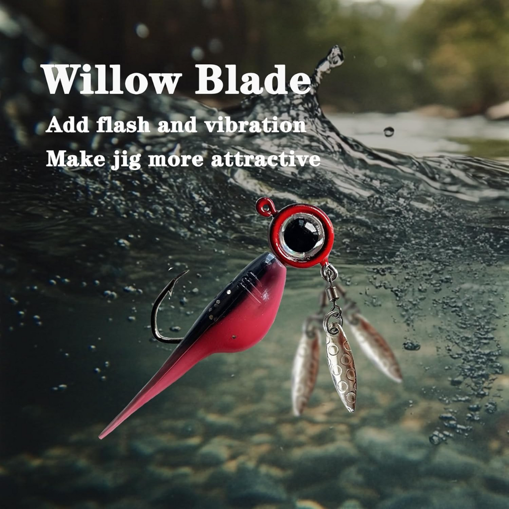 Fish Corner Crappie Jig Head Fishing Lure w/ 3D Eyes & Underspin Willow Blade | 1/16oz | 10 Pack | Black-Red