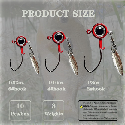 Fish Corner Crappie Jig Head Fishing Lure w/ 3D Eyes & Underspin Willow Blade | 1/8oz | 10 Pack | Black-Red