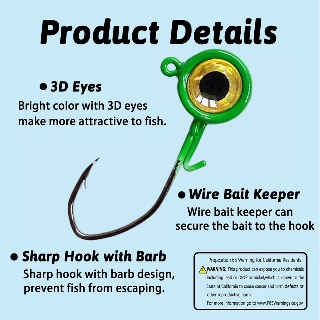 Fish Corner Crappie Jig Head Fishing Lure w/ 3D Eyes | 1/32oz | 20 Pack | Green