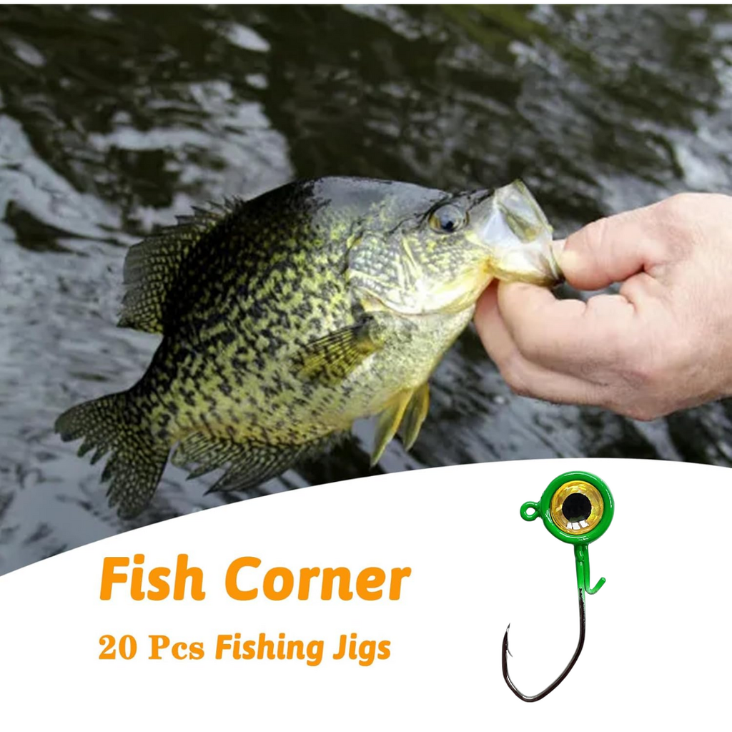Fish Corner Crappie Jig Head Fishing Lure w/ 3D Eyes | 1/32oz | 20 Pack | Green