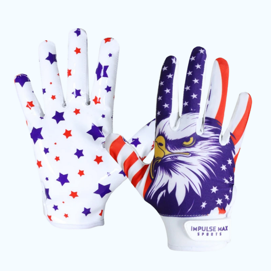 Impulse Max Sports Football Receiver Gloves | Red, White & Blue Eagle | Adult Medium