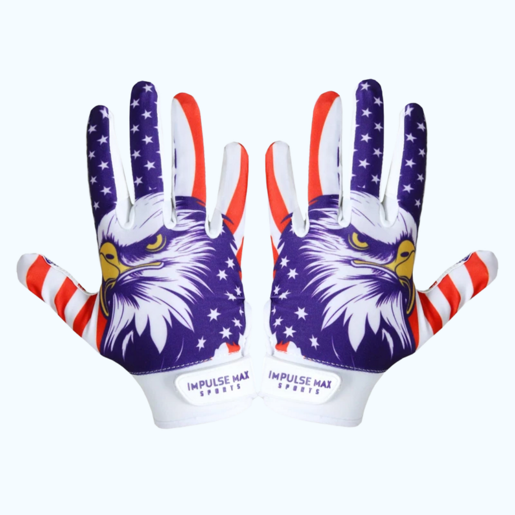 Impulse Max Sports Football Receiver Gloves | Red, White & Blue Eagle | Adult Medium
