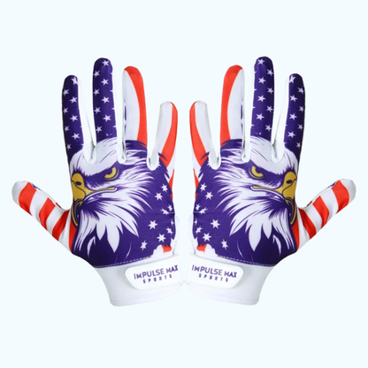 Impulse Max Sports Football Receiver Gloves | Red, White & Blue Eagle | Adult Medium