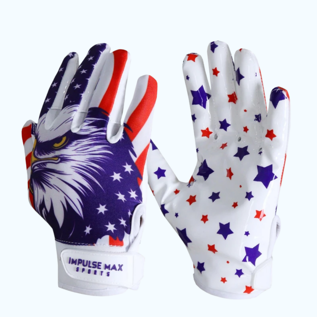 Impulse Max Sports Football Receiver Gloves | Red, White & Blue Eagle | Adult Medium