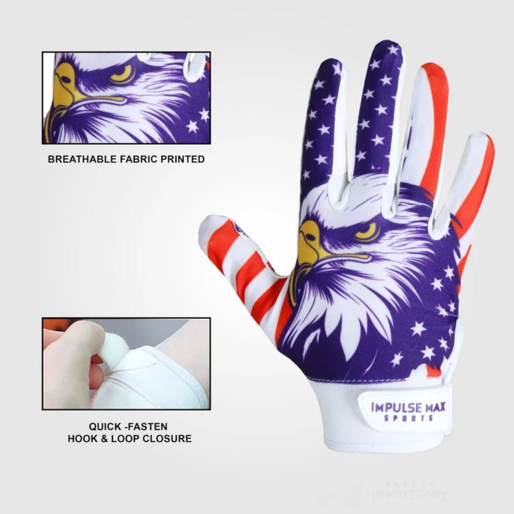 Impulse Max Sports Football Receiver Gloves | Red, White & Blue Eagle | Adult Medium