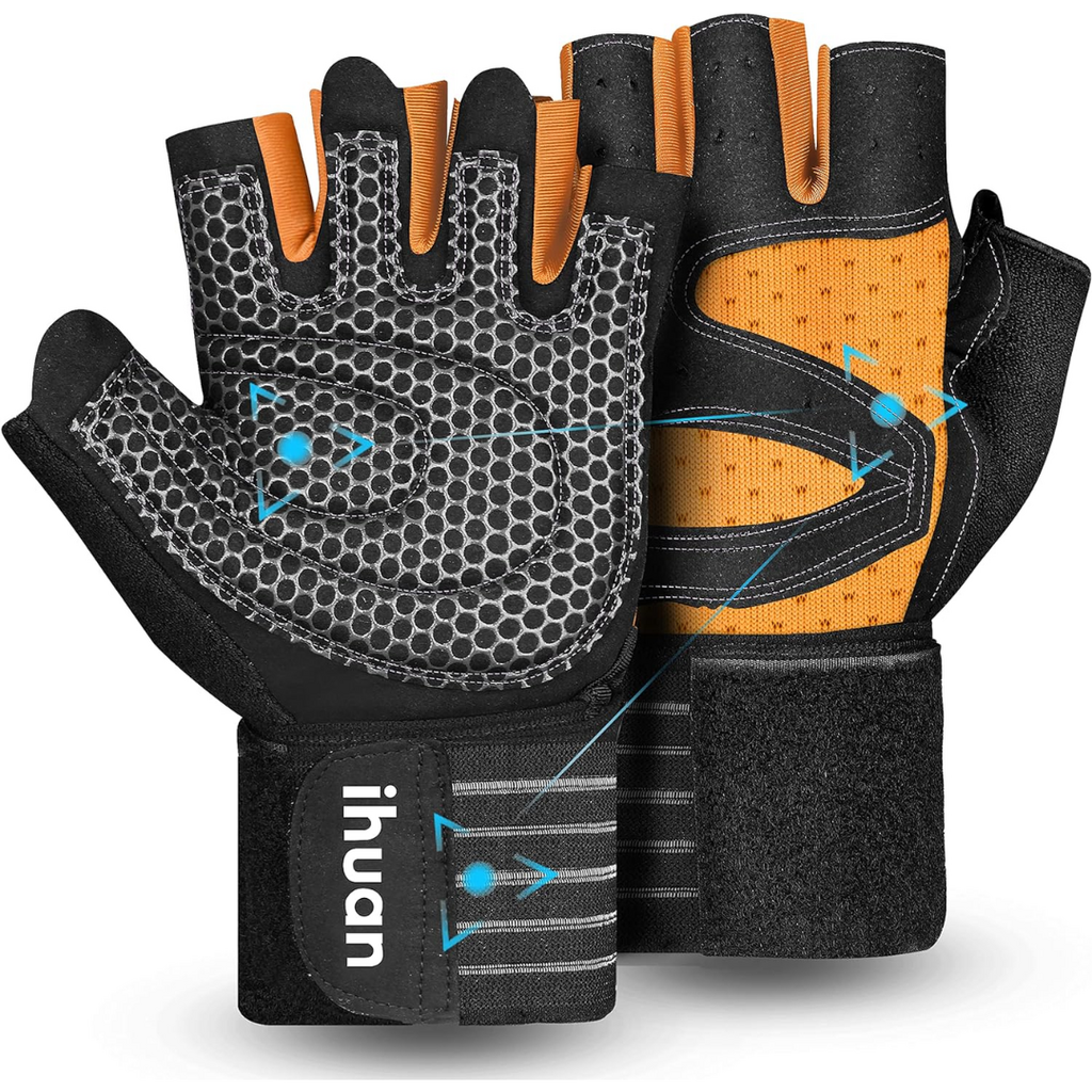 Ihuan Ventilated Weight Lifting Workout Gloves with Wrist Wrap Support | X-Small | Orange