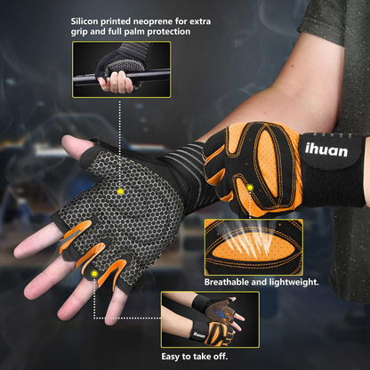 Ihuan Ventilated Weight Lifting Workout Gloves with Wrist Wrap Support | X-Small | Orange
