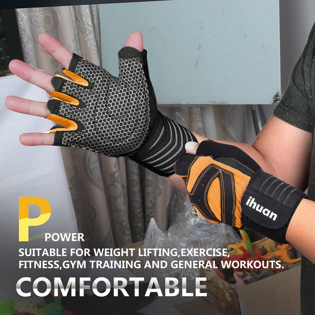 Ihuan Ventilated Weight Lifting Workout Gloves with Wrist Wrap Support | X-Small | Orange