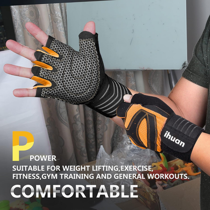 Ihuan Ventilated Weight Lifting Workout Gloves with Wrist Wrap Support | X-Small | Orange