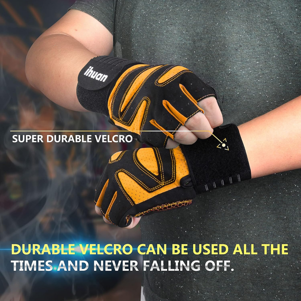 Ihuan Ventilated Weight Lifting Workout Gloves with Wrist Wrap Support | X-Small | Orange