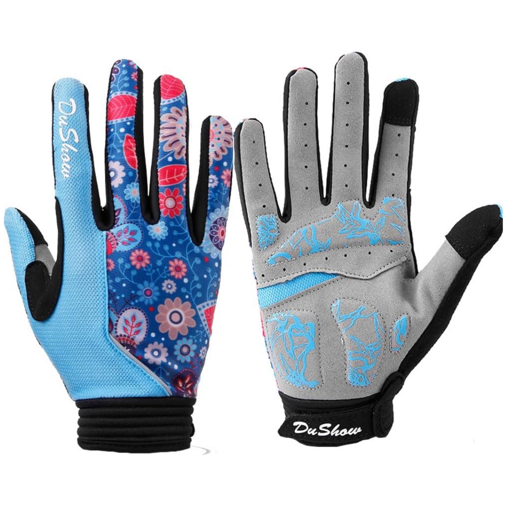DuShow Women's Cycling Gloves | Medium | Full Finger | Touchscreen Capable | Blue Boho