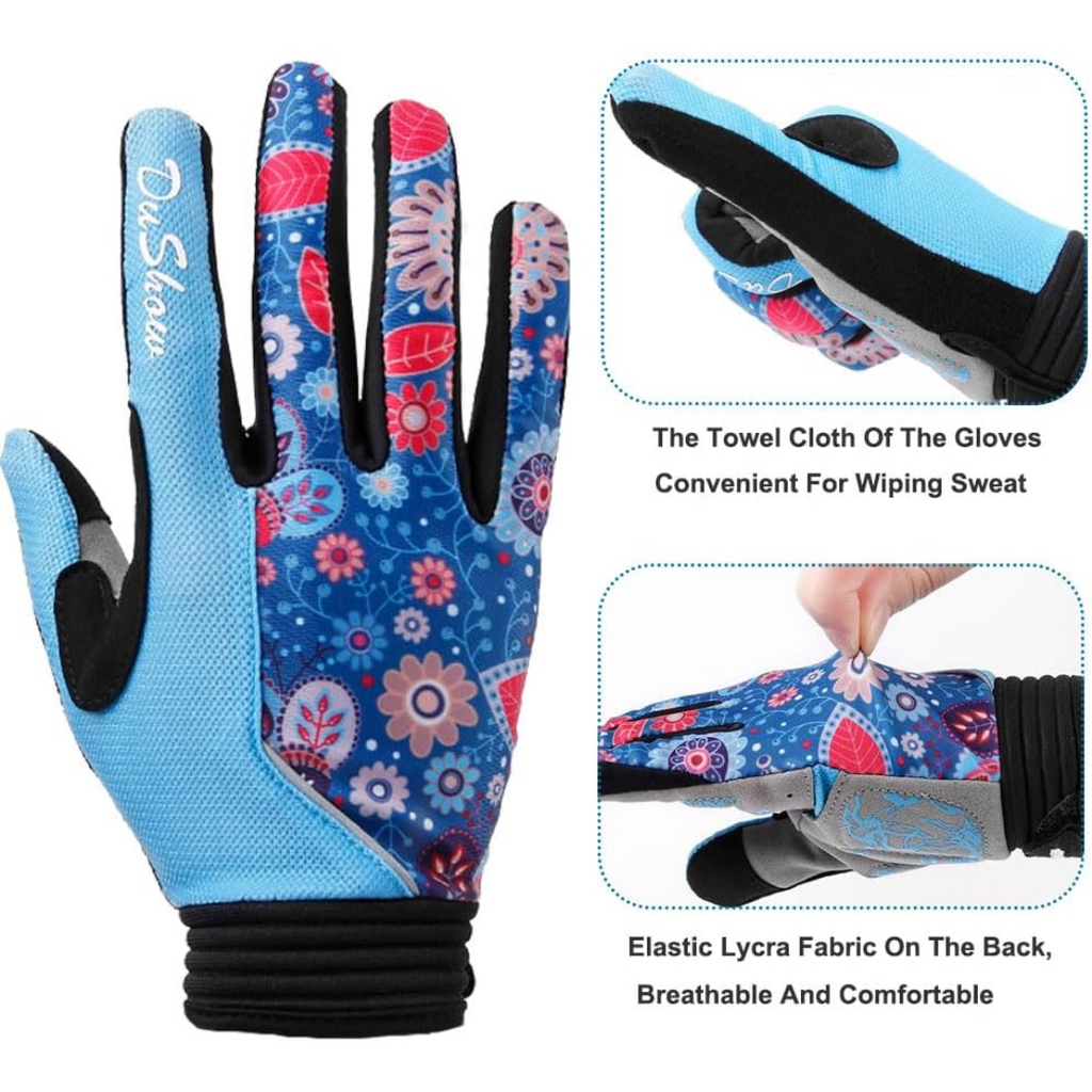 DuShow Women's Cycling Gloves | Medium | Full Finger | Touchscreen Capable | Blue Boho