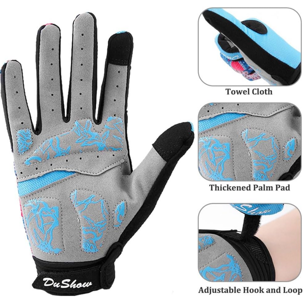 DuShow Women's Cycling Gloves | Medium | Full Finger | Touchscreen Capable | Blue Boho