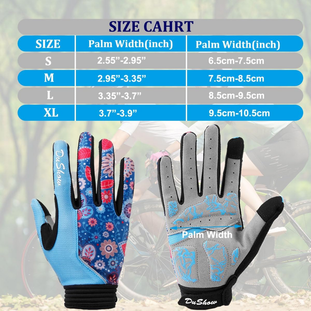 DuShow Women's Cycling Gloves | Medium | Full Finger | Touchscreen Capable | Blue Boho