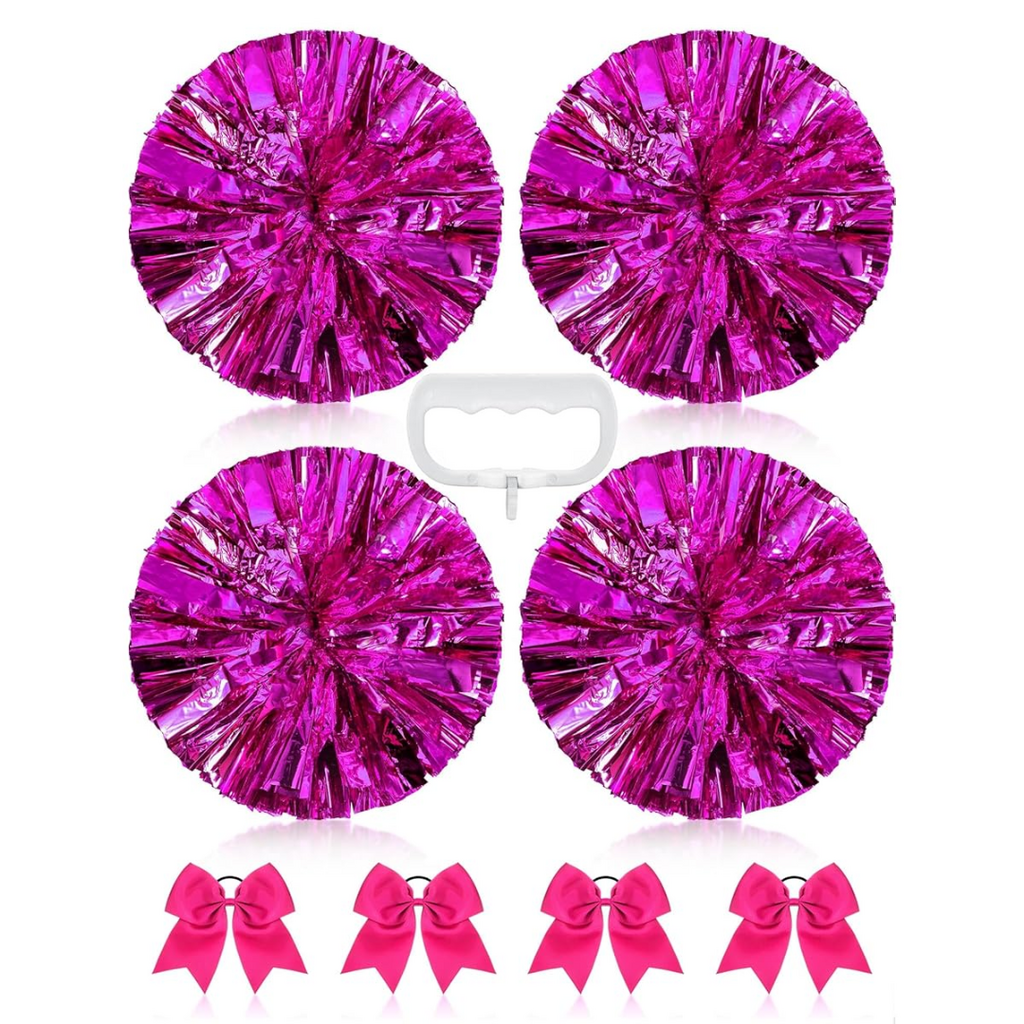 Jaxine 8 Pcs Metallic Cheerleading Pom Pom Set with Hair Bows | Rosy