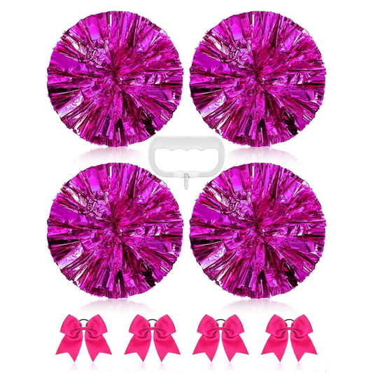 Jaxine 8 Pcs Metallic Cheerleading Pom Pom Set with Hair Bows | Rosy